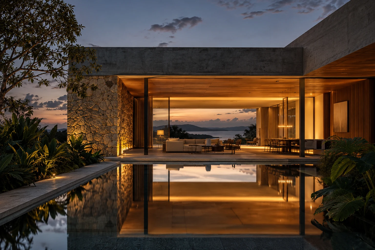 Imagem conceitual de uma casa contemporânea com piscina e iluminação acolhedora ao entardecer