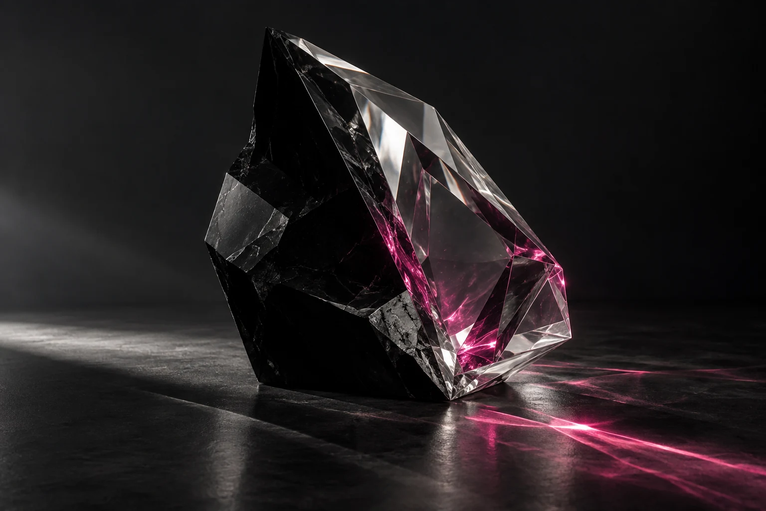 Composição conceitual com cristal facetado, superfícies escuras e luz magenta