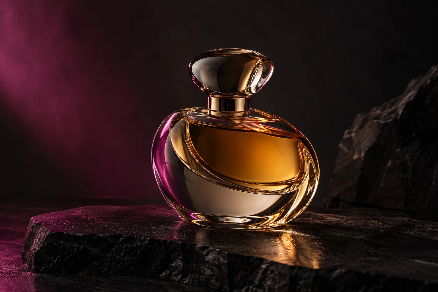 Imagem conceitual de um frasco de perfume com líquido âmbar, pedra escura e luz magenta
